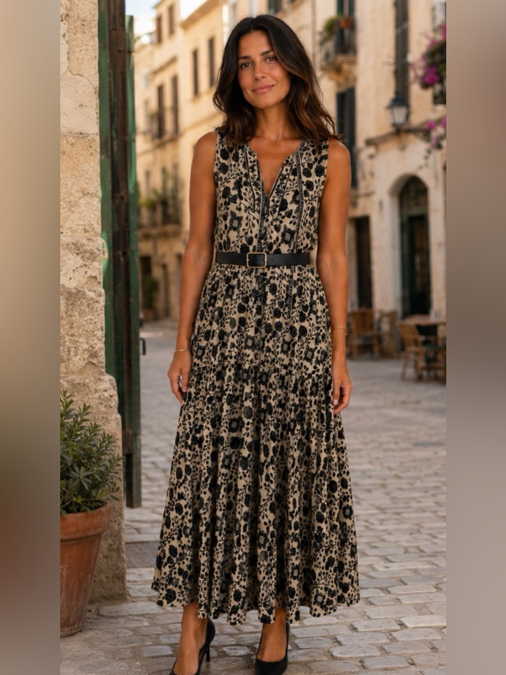 Max Studio Black and Cream Floral Sleeveless Midi Dress